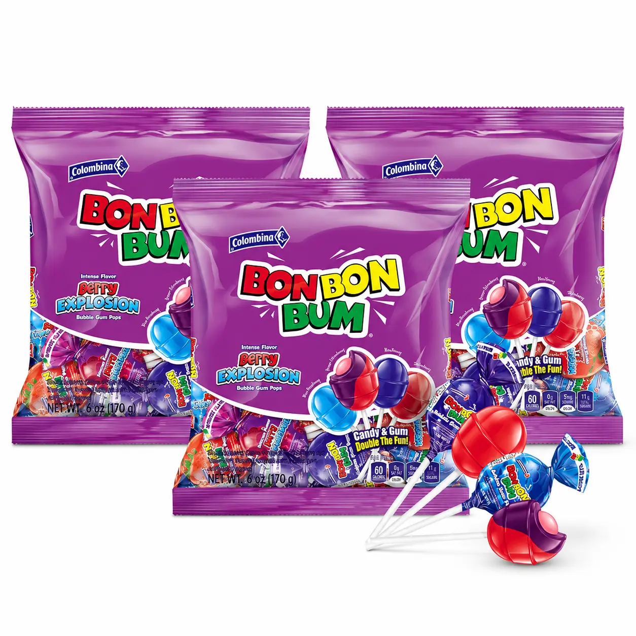 Colombina Bon Bon Bum Lollipops w/Bubble Gum Center, Berry Explosion Mix, Individually Wrapped, Ideal for Party Favors and Gifts, (Pack of 3)