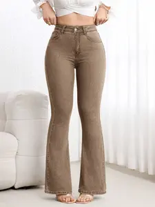 Women's Coffee-Colored Fleece-Lined Flared Jeans Pants, Spring New Basic Slim-Fitting Elastic Versatile Floor-Length Bell Bottoms Womenswear