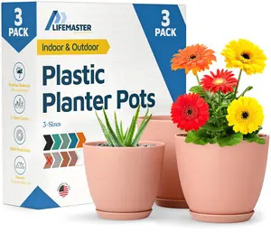 Plant Pots with Drainage Holes & Saucers 3 Pack, Indoor & Outdoor Stackable Space-Saving Planters for Houseplants & Flowers, (7", 6.7", and 6" Inches), Durable & Weatherproof Materials