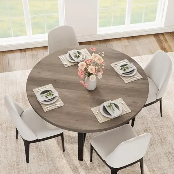 Garvee Grey 47" Round Dining Table for 4, Kitchen Dining Room Table with Sturdy Metal Frame, Wood Circle Kitchen Table for Space Saving (No Chairs)