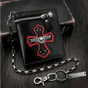 Gothic Red Cross Wallet Wing Skull Steampunk Purse with Chain Men
