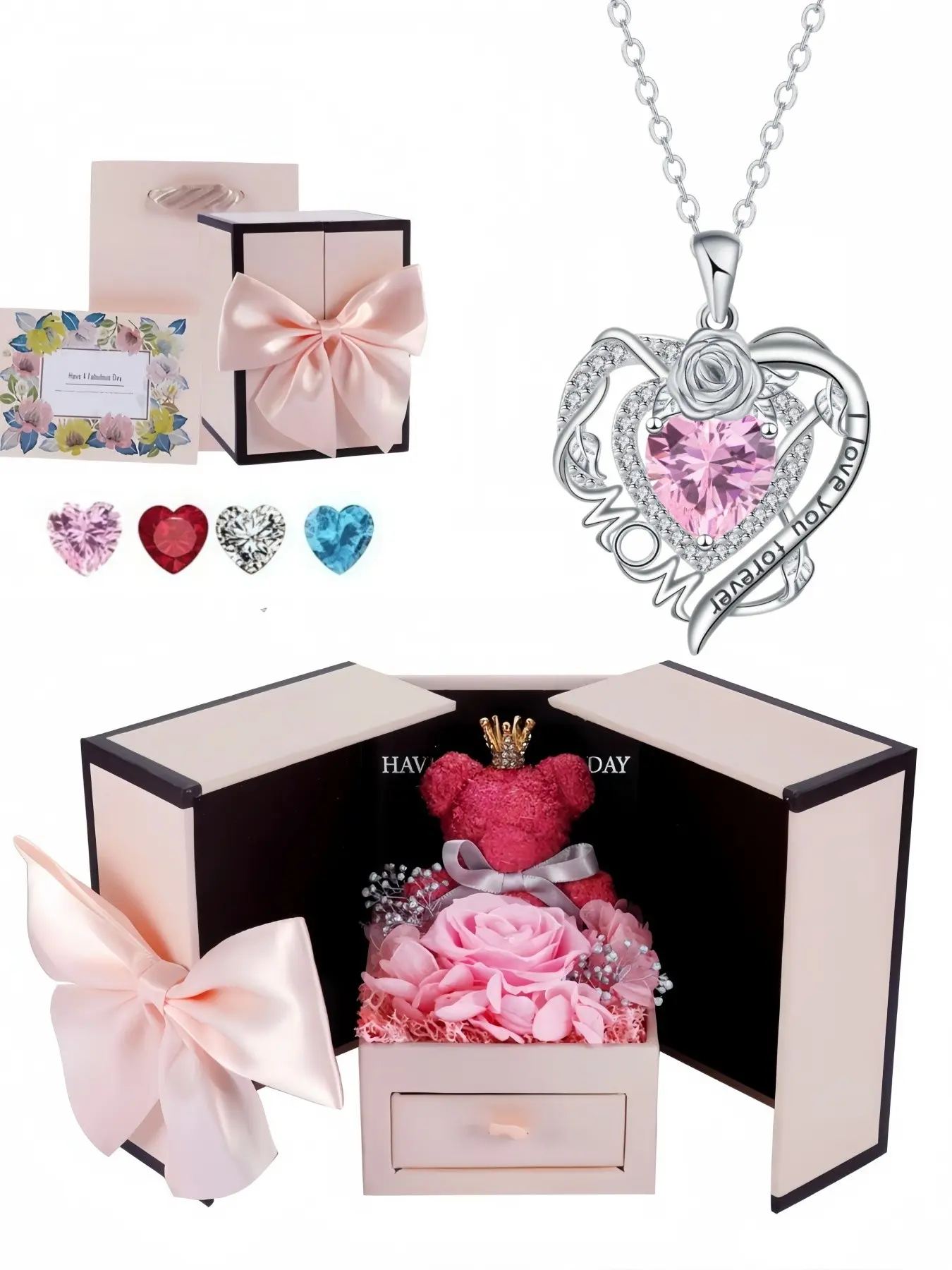 Rose Heart Forever Mom heart-shaped rose pendant, copper inlaid zircon gem necklace, Gemstone heart necklace, Heart design jewelry, paired with a preserved rose & teddy bear jewelry gift box, perfect gift for Valentine's Day, Mother's Day, Christmas