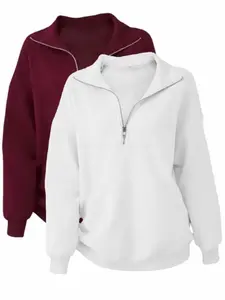 Women's Fall Winter Long Sleeve Pullover Sweater Set, Basic Casual Loose Fit Round Neck Zipper Hoodie Sweatshirts, Daily Outdoor Wear