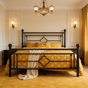 Twin/Full/Queen/King Size Metal Platform Bed Frame, Victorian Vintage Headboard & Footboard, Mattress Foundation, Under Bed Storage, Noise-Free, No Box Spring Needed, Easy Assembly, Black/White/Gold/Pink, Bedroom/Home Decor Furniture