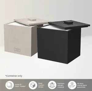 CLEAN SKIN CLUB Matte Onyx Cement Box for 50 Disposable Clean Towels XL Water-Resistant Space-Saving Bathroom Counter Storage Minimalist Design