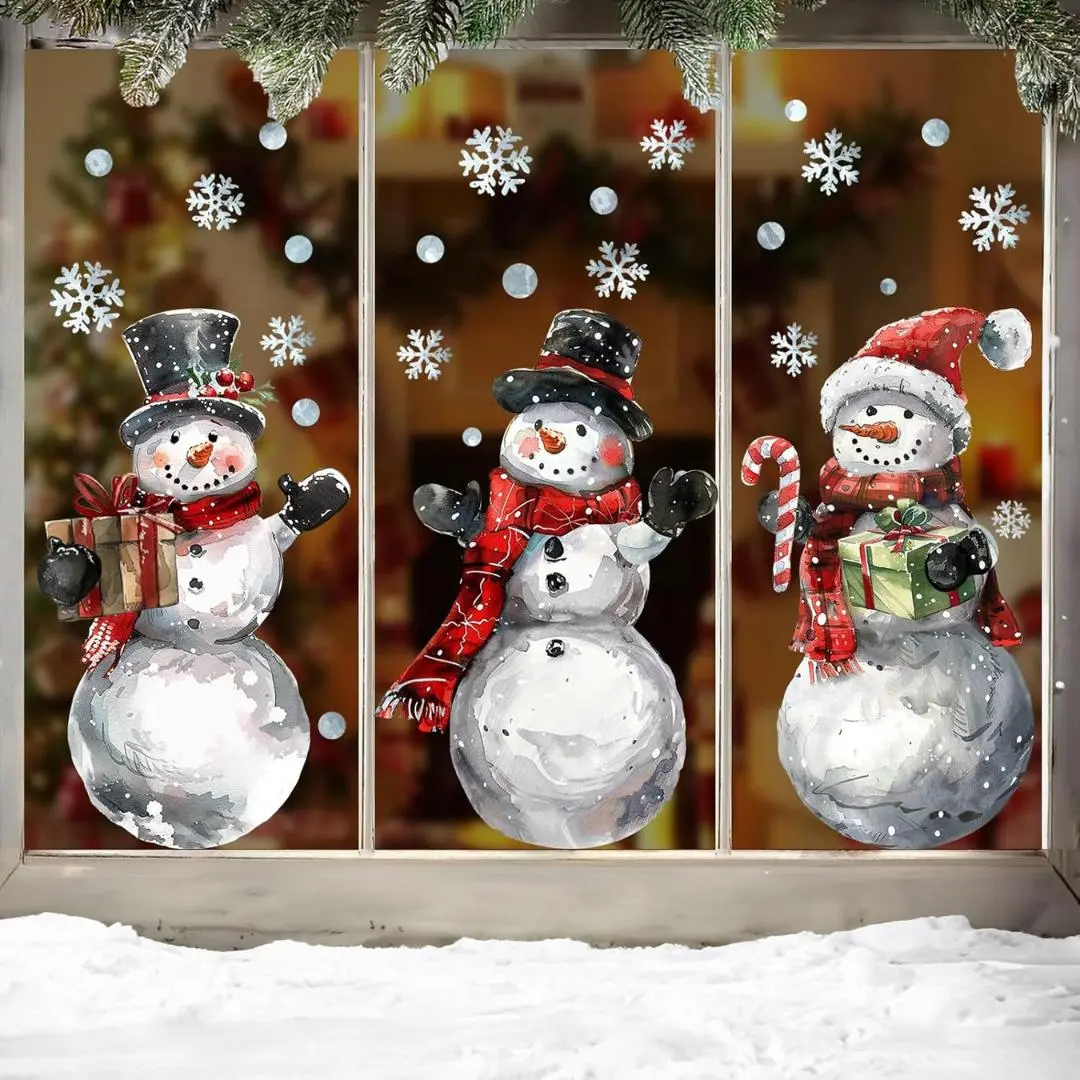 Christmas Window Clings Decorations: 3 Sheets Extra Large Rustic Snowman Window Clings with Snowflakes, Watercolor Farmhouse Winter Xmas Stickers for...