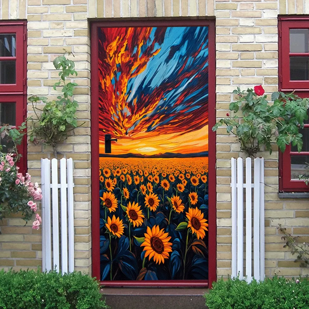 2pcs Sunflower Field Sunset Wall Sticker Removable Self Adhesive Vinyl Decal for Living Room Bedroom Home Decor Modern Minimalist Landscape Mural Peel and Stick Art