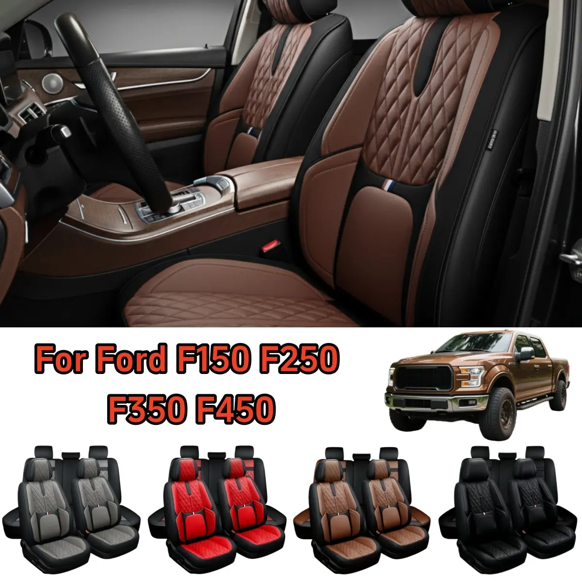For Ford F150 F250 F350 F450 2009-2020 2021 2022 2023 Pickup Trucks Car Seat Covers Full Set, [Thicken Upgraded] Premium NAPA Leather Front Rear Seat Cushion Pad Non-slip Protector Mat Waterproof, Full Surround Design with Storage Bag, Split Rear Benches,
