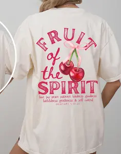 Fruit Of The Spirit Christian Shirt, Coquette Pink Bow Cherries Graphic Tees, Trendy Faith Women Apparel, Back Print Jesus Bible Verse Tshirt Outfit