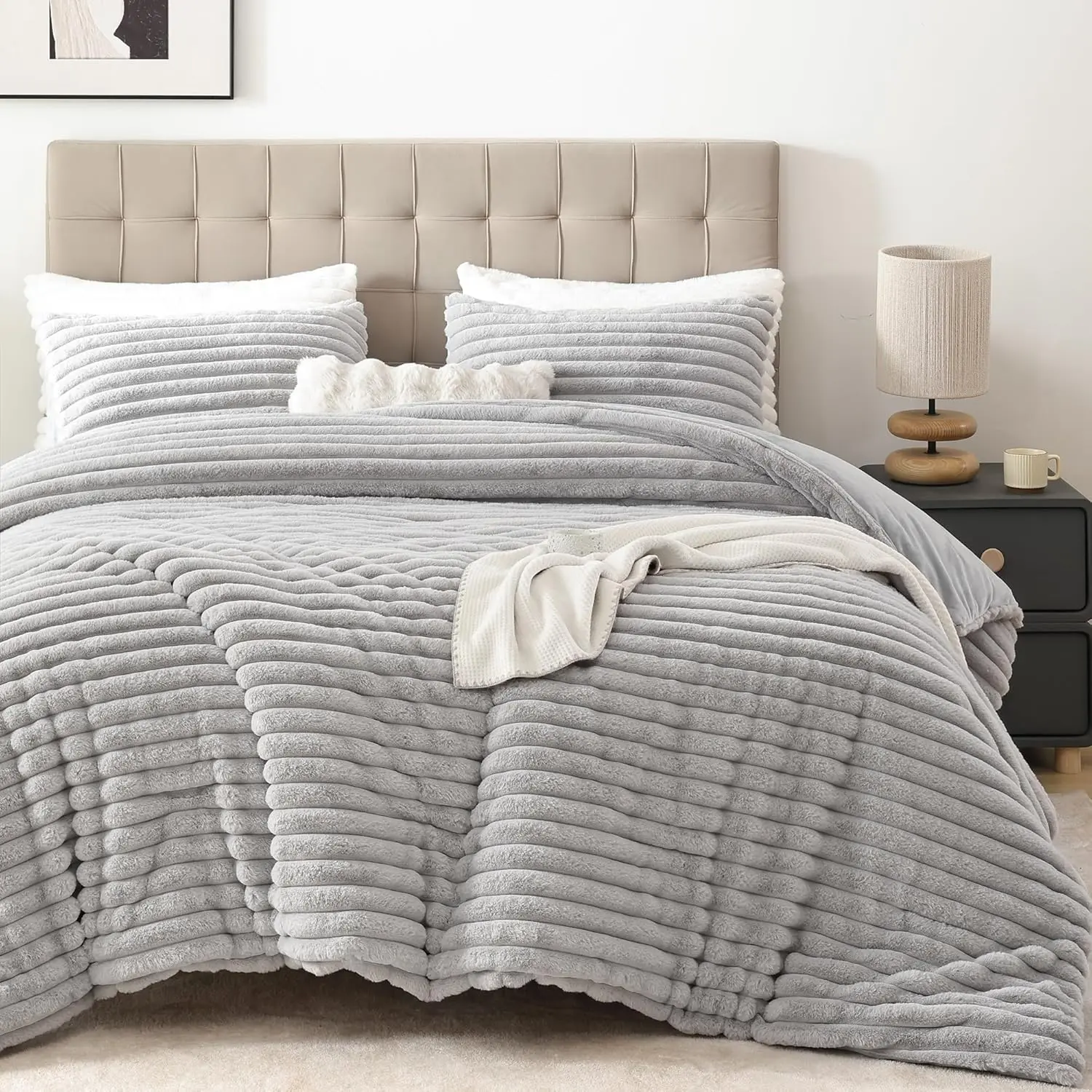 Fluffy Twin Comforter Sets 2 - Light Grey Fluffy Comforter, Fuzzy Twin, Warm Comforter, Heavy Faux Fur Comforter with Pillow Cases