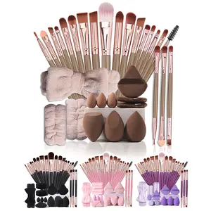 32PCS Travel Ready Complete Makeup Kit 20 Professional Cosmetic Brushes 6 Assorted Sponges And Powder Puffs Multi Texture Beauty Tools Matching Hairband And Wristbands All In One Portable Cosmetic Applicator Set For Daily Makeup Application