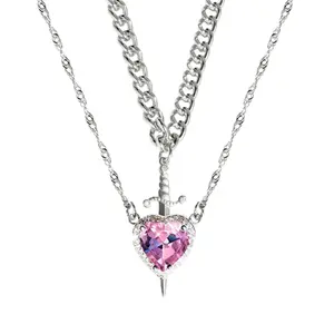 Romantic Sword Pierced Heart Necklace - Gold Chain Trendy Jewelry with Red Crystal Pendant, Ideal as Birthday or Holiday Gift, Suitable for Women and Girls to WearPerfect Valentine's Day Gift for Best Friend or Lover