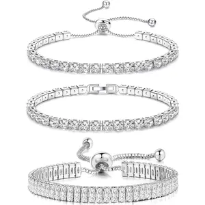 CASSIECA 3Pcs Tennis Bracelets for Women Silver Tone 4mm 5A+ Cubic Zirconia CZ Diamond Classic Tennis Slider Bracelet Fashion Jewelry Wedding Gift Adjustable Size 7 Inch