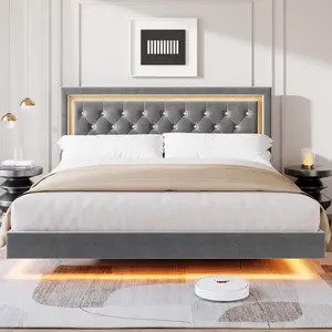 Modern Floating Platform Bed Frame with Smart LED Lights Diamond Upholstered Headboard Sturdy Wood Slats Noise Free Easy Assembly No Box Spring Needed