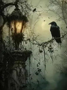 5D Diamond Painting Suncatcher, Gothic Black Crow & Vintage Lantern Crystal Rhinestone Hanging Ornament for Window Decor