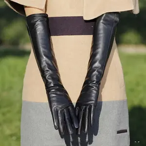 [Elegant Leather Gloves] Warm Fleece-Lined Elegant Long Genuine Leather Gloves for Women - Black Sheepskin with Ribbon Detail, Nonstretch Gloves, Perfect for Autumn & Winter Outdoor Events, Holiday Gift Giving, Outdoor Event Accessories, Sl