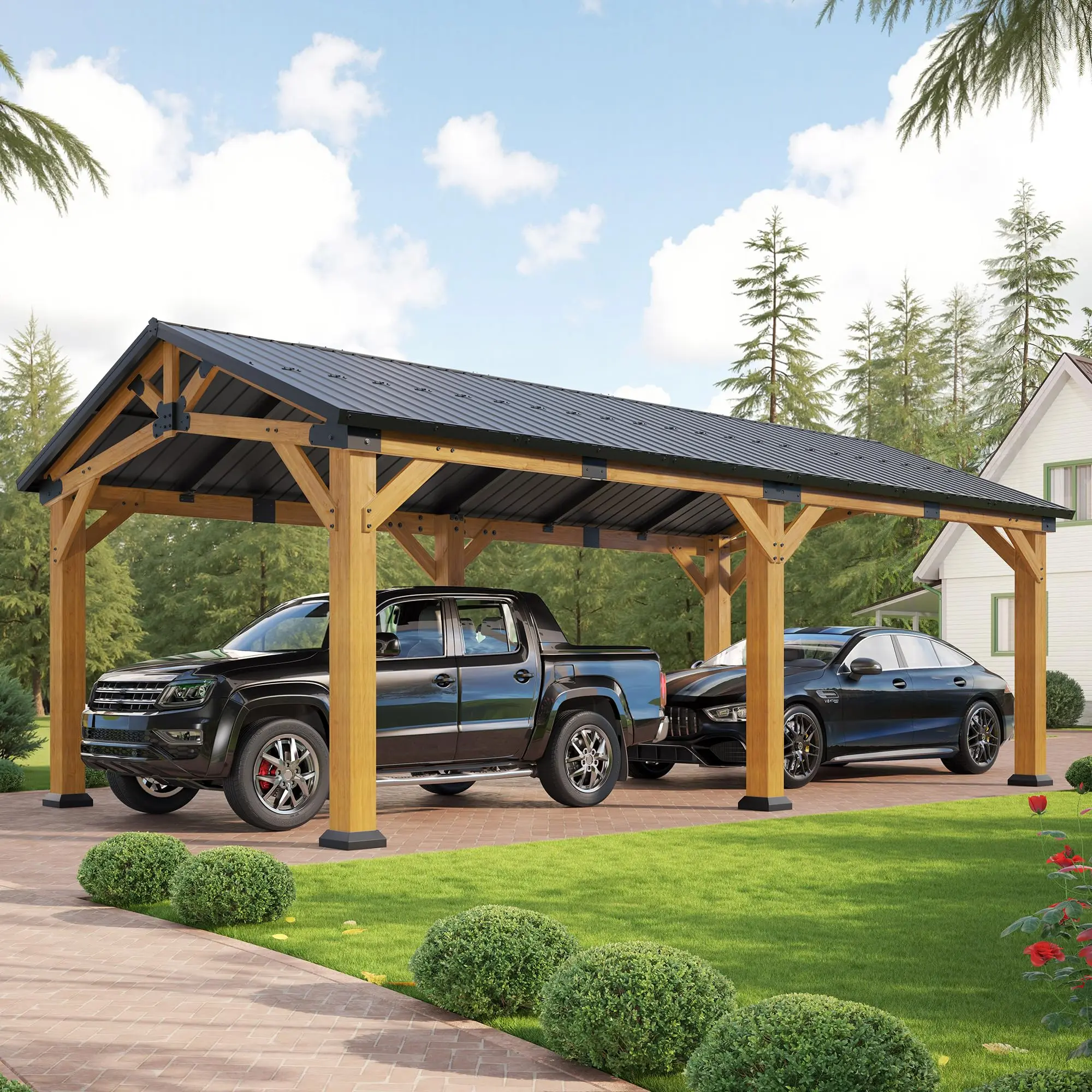 [SummerSale]VanAcc 12'x24' Cedar Wood Hardtop Gazebo with Steel Roof, Waterproof Outdoor Carport Pavilion, Heavy-Duty Snow & Wind Resistant Canopy for Patio, Driveway, Garden