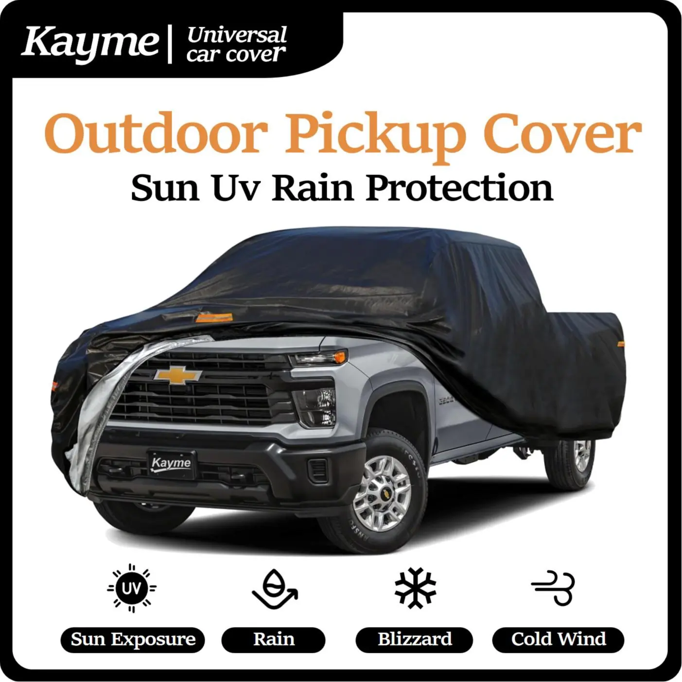 Kayme 6-Layer Pickup Truck Cover - Black & Silver, Waterproof Heavy Duty All Season Cover, Universal Fit for F150, Silverado, Ram (144-262", Max Cab L 154", XXL Max L 250"), Sun Protection, UV Protection, Rain Shield, Father's Day Gift, Car Protector, Car