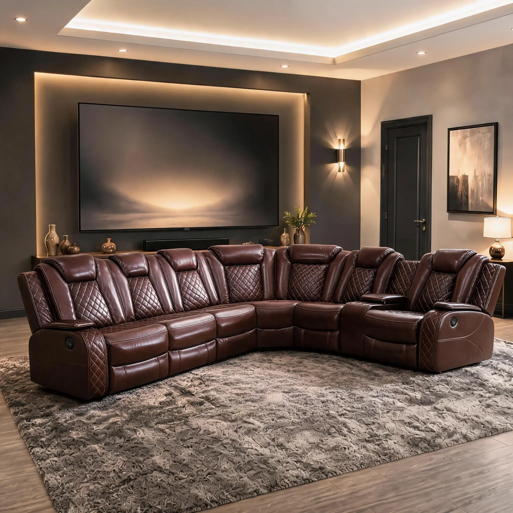 Ainehome Modern LED Red Breathing Adjustable 3-Piece L-Shaped Leather Recliner Sofa Set - Indoor Furniture, Comfy Couch with Storage, Conversation Sofa Set, Breathable Design, Ambient Lights, Cup Holder, Wireless Charger for Bedrooms/Apartments
