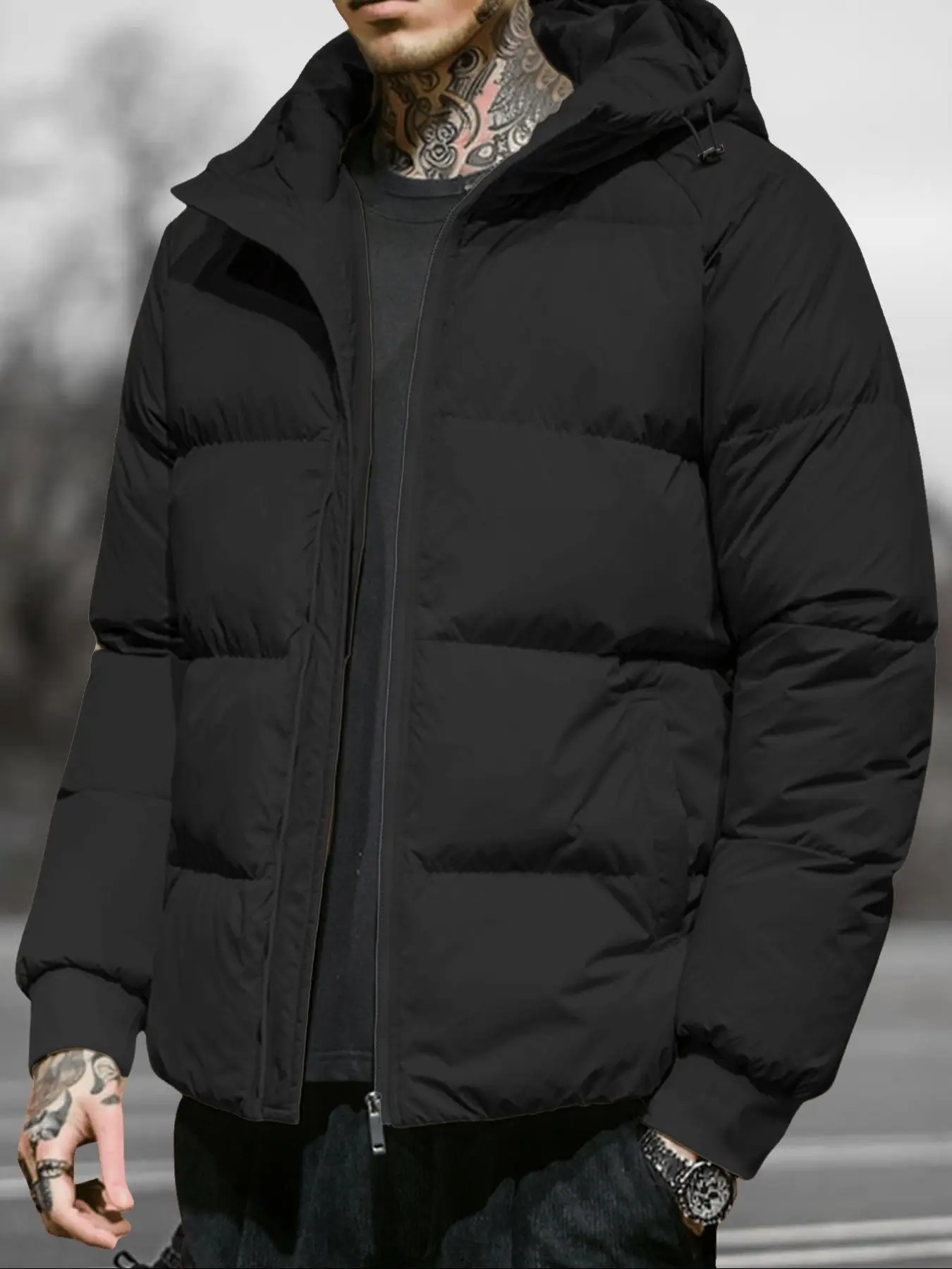 Men's Solid Pocket Drawstring Hooded Winter Coat, Regular Fit Casual Long Sleeve Zip Up Outerwear for Fall & Winter, Men's Clothes for Daily Wear Wint