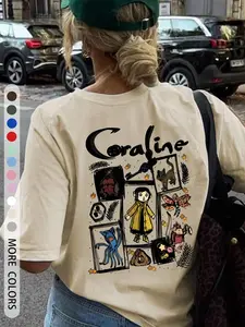 Women's Loose-Fit Round Neck Statement T-Shirt, Coraline Cartoon Print, Soft Breathable Fabric, Summer Casual Fashion, Age 35-44, Knitted Pattern