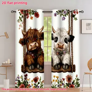 2D Flat 2Pcs Cartoon Cute Highland Cow Print Window Curtains, Semi-Sunshade Drapes with Rod Pockets, Rustic Farmhouse Style, for Living Room Bedroom Kitchen Home Decor, Accessory, Anti Privacy.