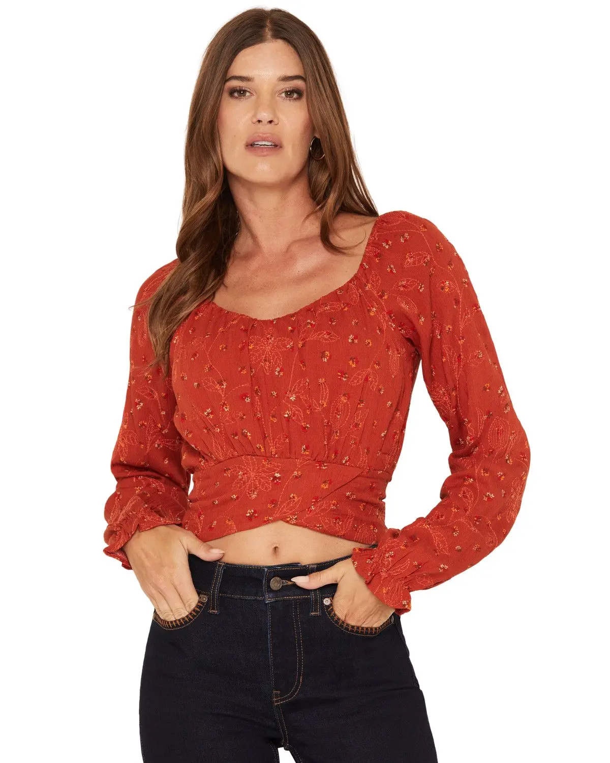 Wild Moss Women's Women'S Boot Barn Floral Embroidered Tie-Back Top - Ima6441-W2107 Rust