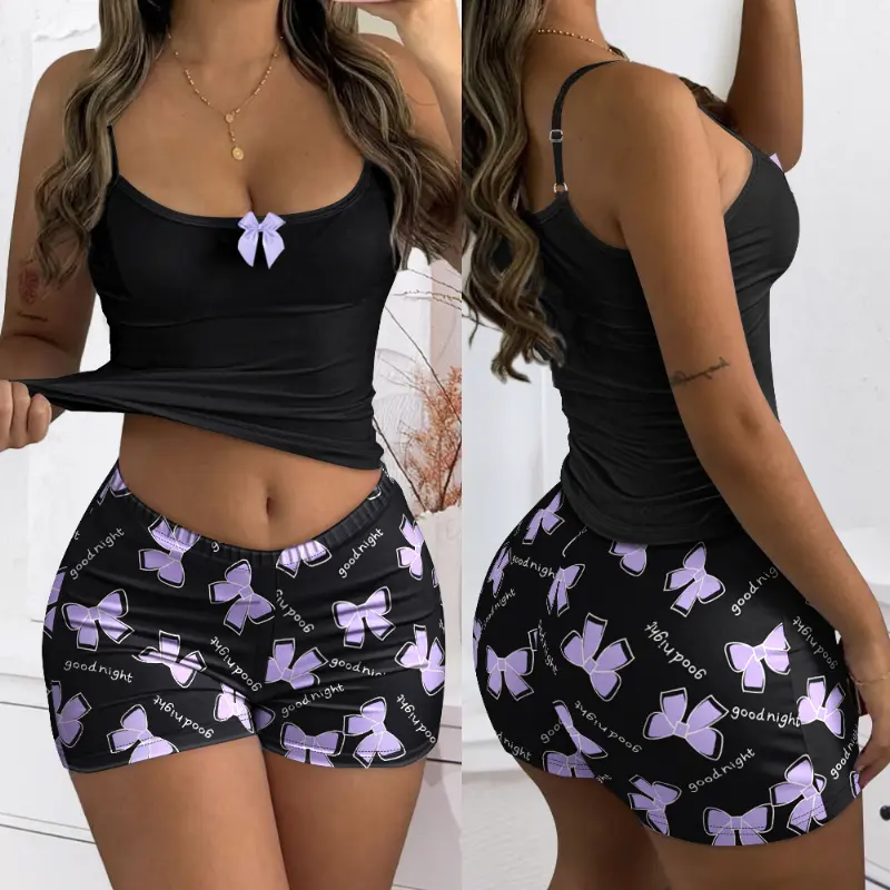 CHICME Women’s 2 Piece Floral Matching Set - Cute Bowknot Cami & Skinny Shorts - Trendy Aesthetic Summer Co-ord - Soft & Stretchy Casual Loungewear Womenswear Clothes