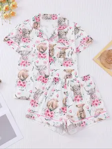 Women's Rose Print Pajama Set, Short Sleeve Button Front Top & Elastic Shorts, Casual Comfortable Sleepwear for All Seasons