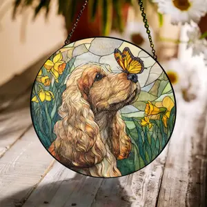 Cocker Spaniel Suncatcher, Cocker Spaniel Gifts, Cocker Dog with Butterfly Window Hanging Art, Floral Pet Memorial Gift, Spring Home Decor