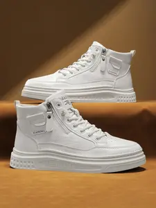 Men's High-Top Motorcycle Boots, Street Style Punk Casual Shoes, PU Leather Patchwork, Thick Sole, Above Ankle, All Seasons, Walking Shoes