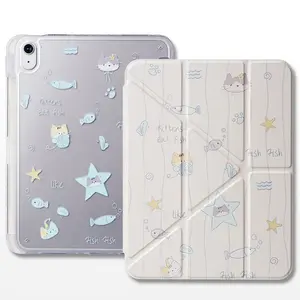 Cat eats fish  Cute Cartoon Case For iPad 10th 11th A16 10.9 Air 11 13 M2 M3 Mini 6 Pro 11 7th 8th 9th 10.2 Air 4 Air 5 10.9 Pro 12.9 Samsung Galaxy Tab Redmi Xiaomi Pad  Huawei MatePad Auto Sleep Awake Pencil Slot, Tablet Accessories