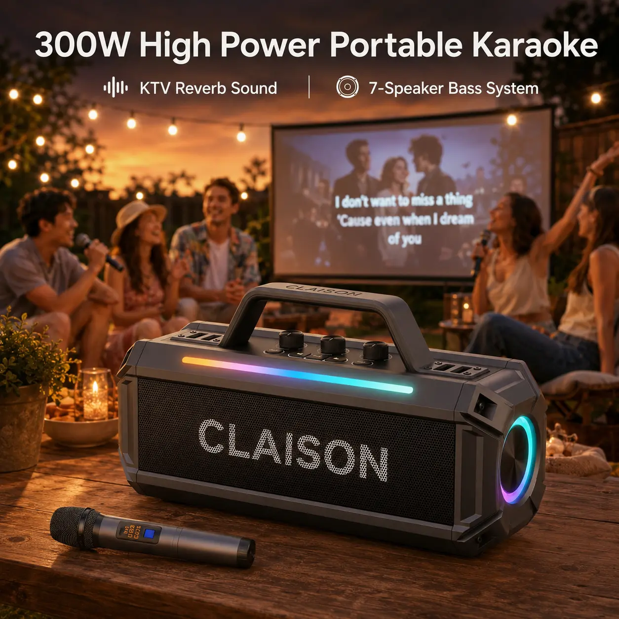 CLAISON T91 300W Portable Karaoke Speaker with 2 Wireless Microphones, 7-Speaker Bass System, DSP Audio, KTV Reverb, Voice Changer, RGB Lights, Bluetooth Speaker for Home Party, Live Streaming & Outdoor Entertainment