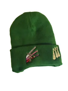 BB's Custom Wear Cotton Beanie - Green Premium Handmade Knitting Headgear Hat, Unisex 1-Size-Fits-All Anime 3-Swords Embroidered Crossed Blades Design, Casual Daily Wear Anime Embroidery Hat, Anime Embroidery Hats