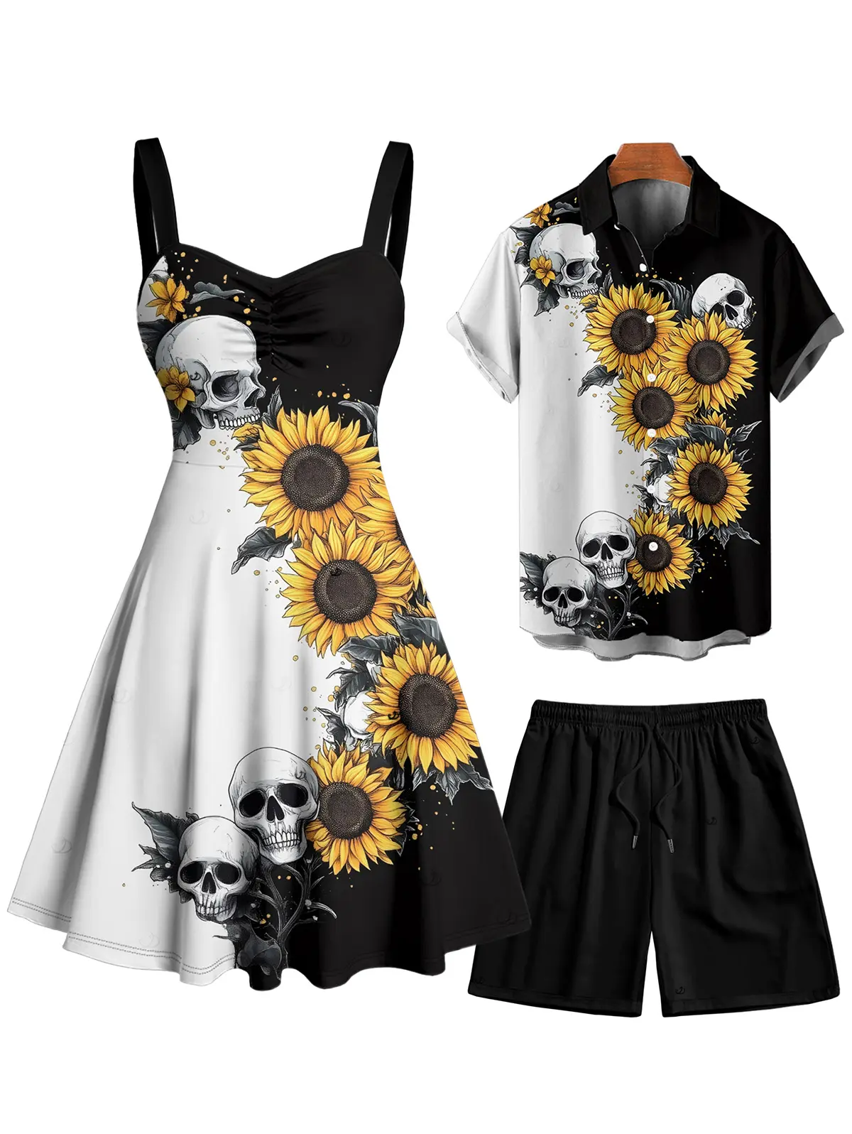 2026 Couple Set Women's Contrast Color Sunflower Skulls Pattern Ruched Bust Belt Gothic Dress and Men's Button Up Roll Up Shirt Drawstrings Shorts Outfit