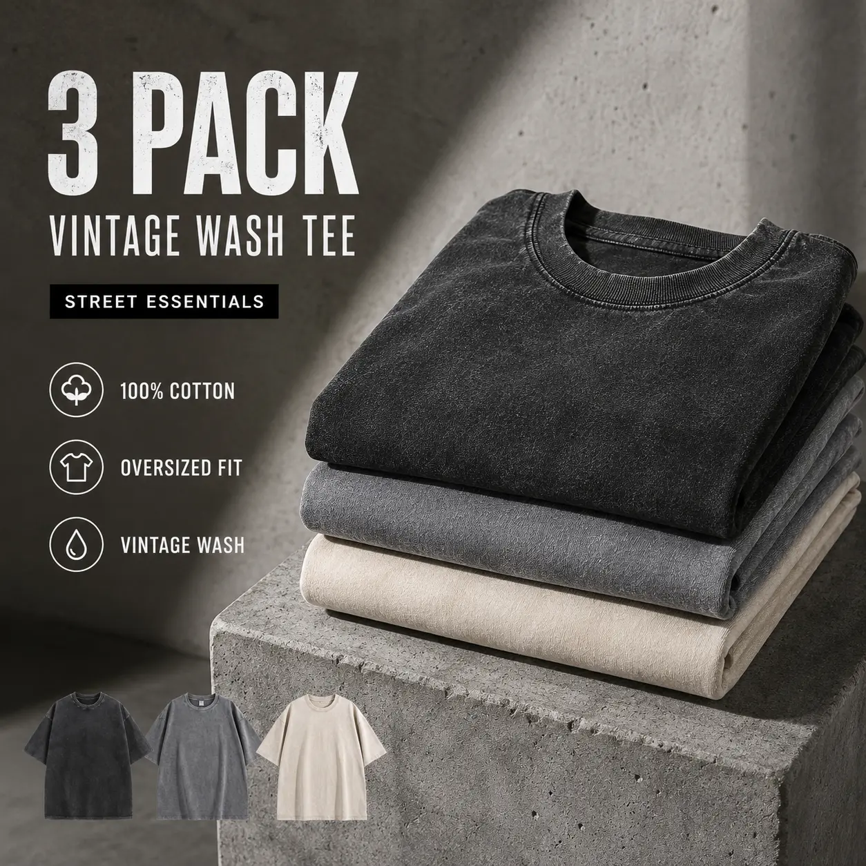 3 Pack Vintage Washed T Shirts for Men Women, 100% Pure Cotton Oversized Crew Neck Tees, Loose Fit Drop Shoulder Short Sleeve Tops for Summer Streetwear and Casual Outfits