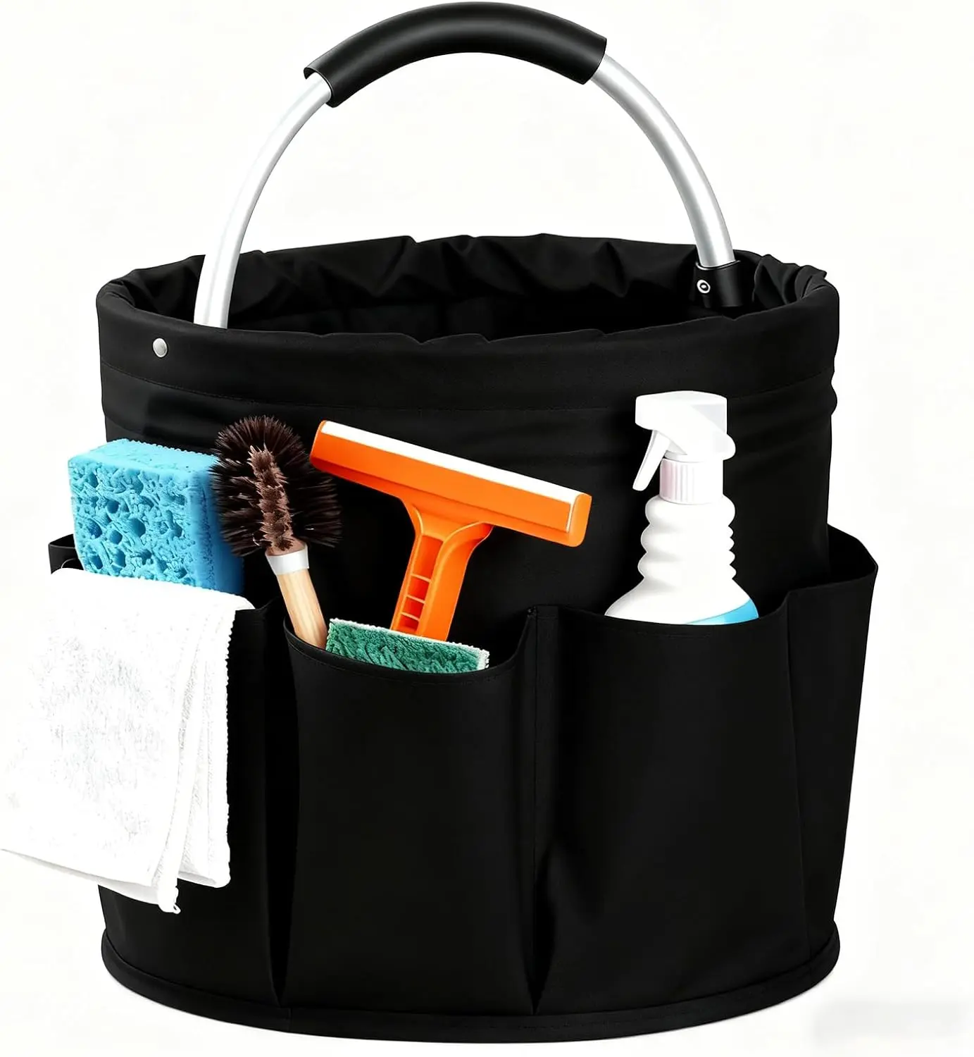 Black Foldable Home Organizers Carrying Caddy - 17L Large Storage Basket with 6 Pockets & Handle, Portable for Tidy Home Cleaning Routine, Garden Use