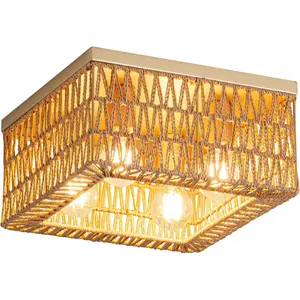 Rattan Ceiling Light, 4-Light Boho Light Fixture, Square Flush Mount Ceiling Light for Bedroom, Hallway, Entryway, Kitchen, Living Room