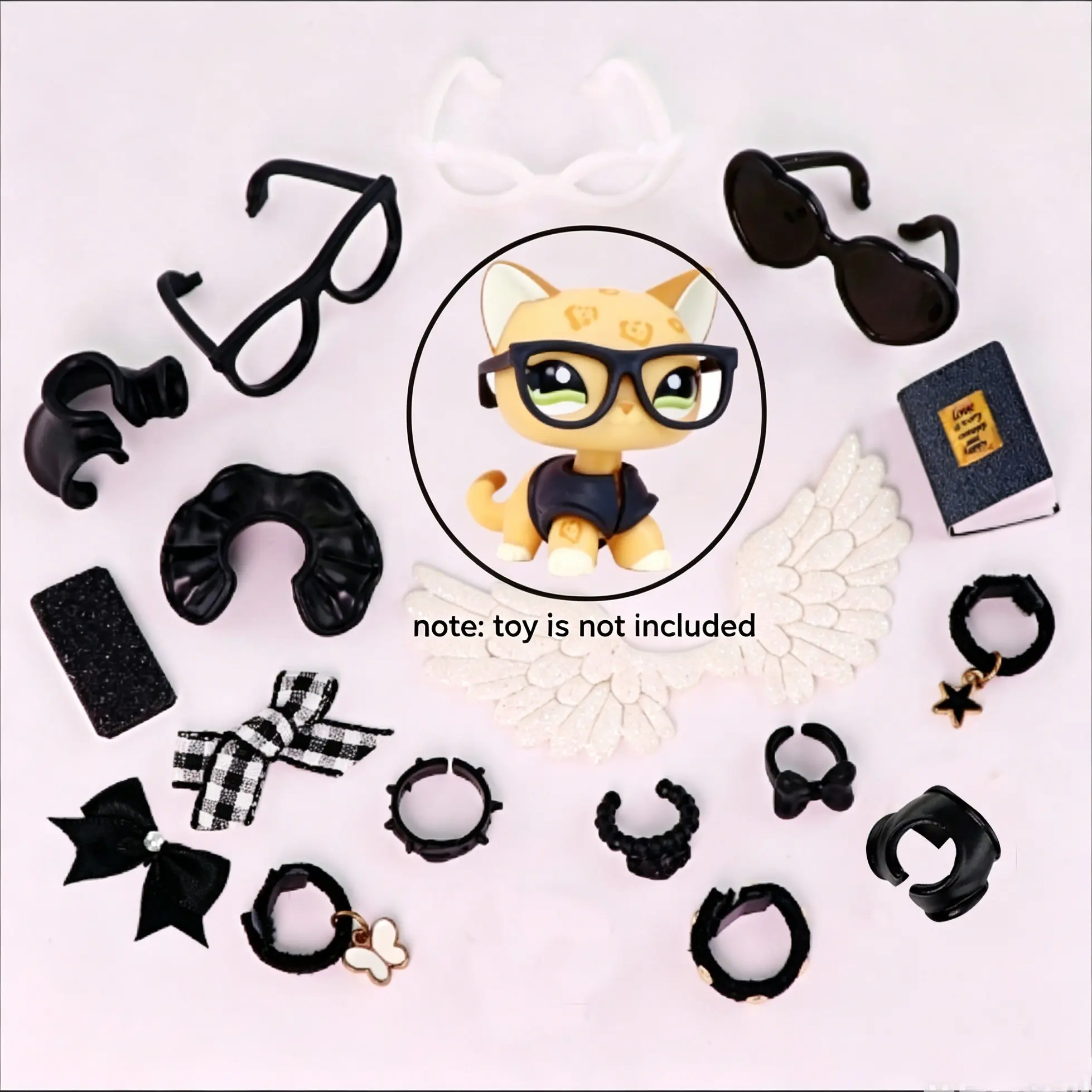 16 PCS Mini Black Accessories Set Collar Glassess Bow Skirt Wings Book Outfit for Mini Pet Shop Figures Toy