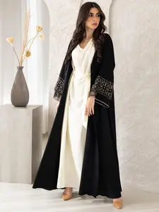 Women's Embroidery Geometric Pattern Abaya, Modest Long Sleeve Open Front Abayas for Women, Islamic Clothing for Daily Wear, Modesty Abaya
