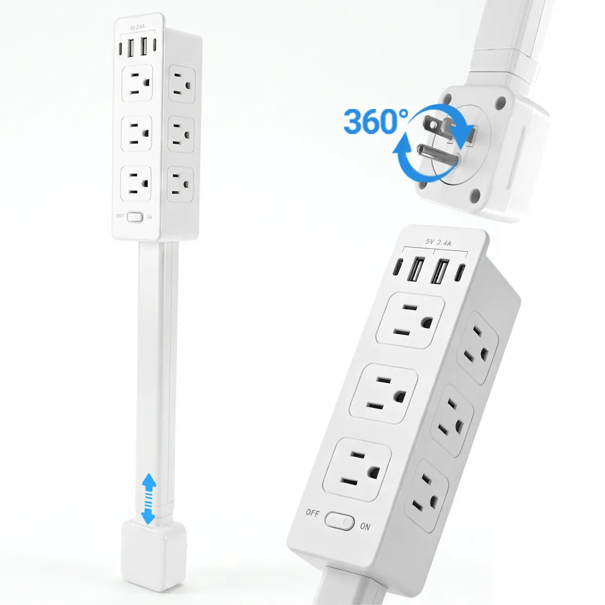Retractable Rotating Power Strip USB-C USB-A 1500W ETL Certified Outlet Extender for Desk Bedside Home Office, Adjustable 360° Extension Arm 20-29in, Vertical Phone Holder with 6 AC Outlets, Safe Fire-Resistant & Adhesive Mount