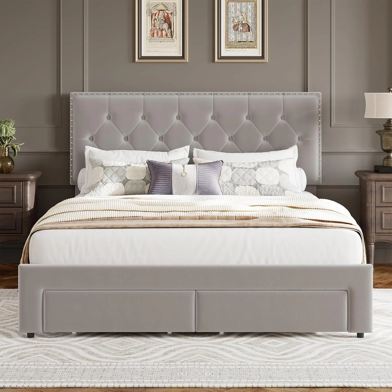 YJ-Garvee Velvet Upholstered King Size Bed Frame with Storage Drawers Vintage Headboard Wooden Slat Support Noise-Free Design in Grey and Black