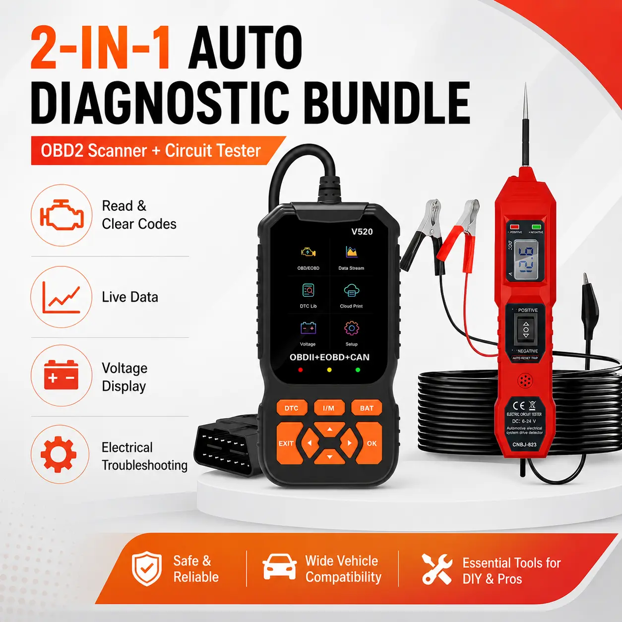2-in-1 Automotive Diagnostic Tool Kit, V520 OBD2 Scanner and CNBJ-823 6-24V Circuit Tester, Read Clear Engine Codes, Live Data, I/M Readiness, Voltage and Polarity Testing for Cars
