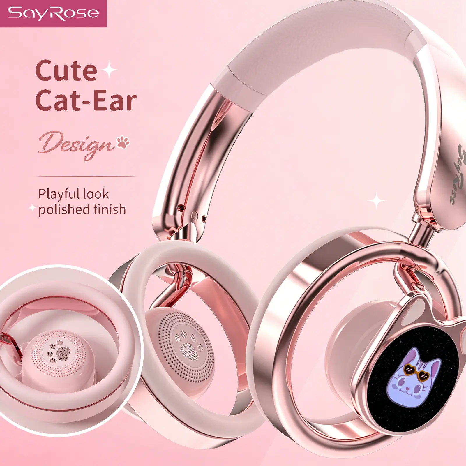 SayRose Cat Ear Wireless Bluetooth Headphones, Bluetooth 5.3 Over-Ear Headset with Starry LED Lights, ENC Mic, Up to 40H Music Playtime, Soft Ear Cushions, Type-C Charging, Lightweight Pink Headphones for Music, Calls, iOS & Android