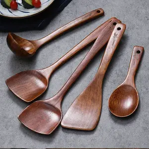 5-piece wooden soup spoon long handle dining spoon kitchen utensils for stirring cooking and soup tableware suitable for home and restaurant use