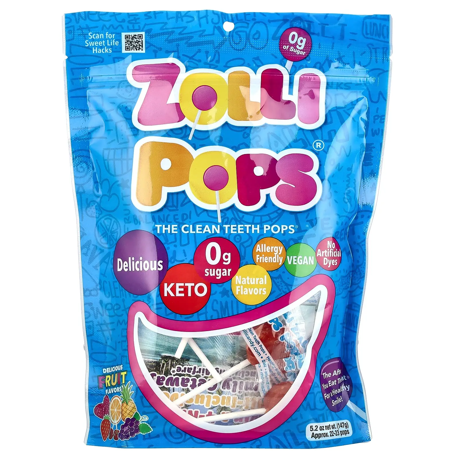 Zollipops The Clean Teeth Pops®, Delicious Fruit , Approx. 23-25 Pops, 5.2 oz (142 g)