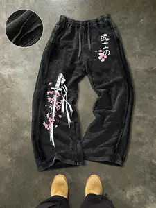 Men's Casual Loose Cotton Sport Pants, Samurai Sword Sakura Print, Outdoor, Party, Home Comfort, Street Style, Drawstring Waist, Sports Casual Pants, Casual Sporty Trousers