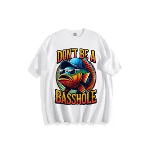 Don't Be A Basshole Fish Graphic T-Shirt - Stylized Colorful Bass with Sunglasses & Cap, Vibrant Teal Yellow Polka Dot Design, Bold Orange-Outlined Yellow Text, Comfortable Cotton Crew Neck