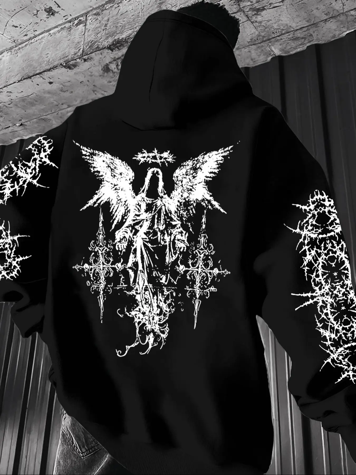 Men's Casual Loose Hooded Sweatshirt, Angel Irregular Pattern Print Fleece Pullover, Fall & Winter Fashion, Versatile Top, Graphic Print Hoodie