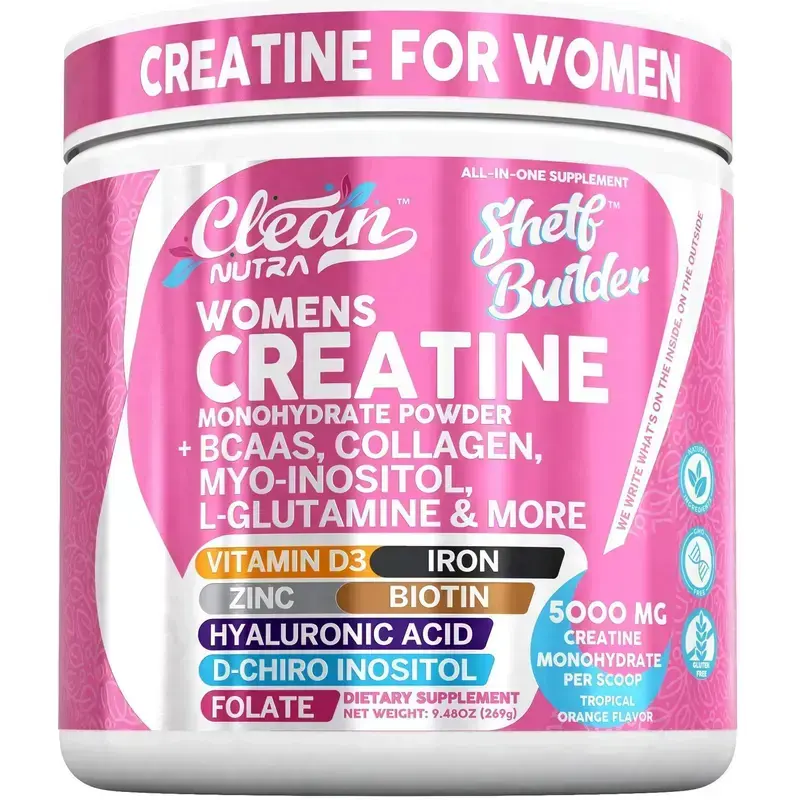 Women Creatine Monohydrate Powder 5000mg Tropical Orange Flavor with Collagen BCAAs Hyaluronic Acid Zinc Biotin Vegan Gluten Free Post Workout Muscle Builder Hair Skin Nails Support Daily Fitness Multivitamin